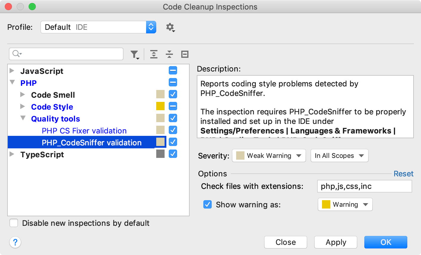 the Code Cleanup Inspections dialog the Code Cleanup Inspections dialog