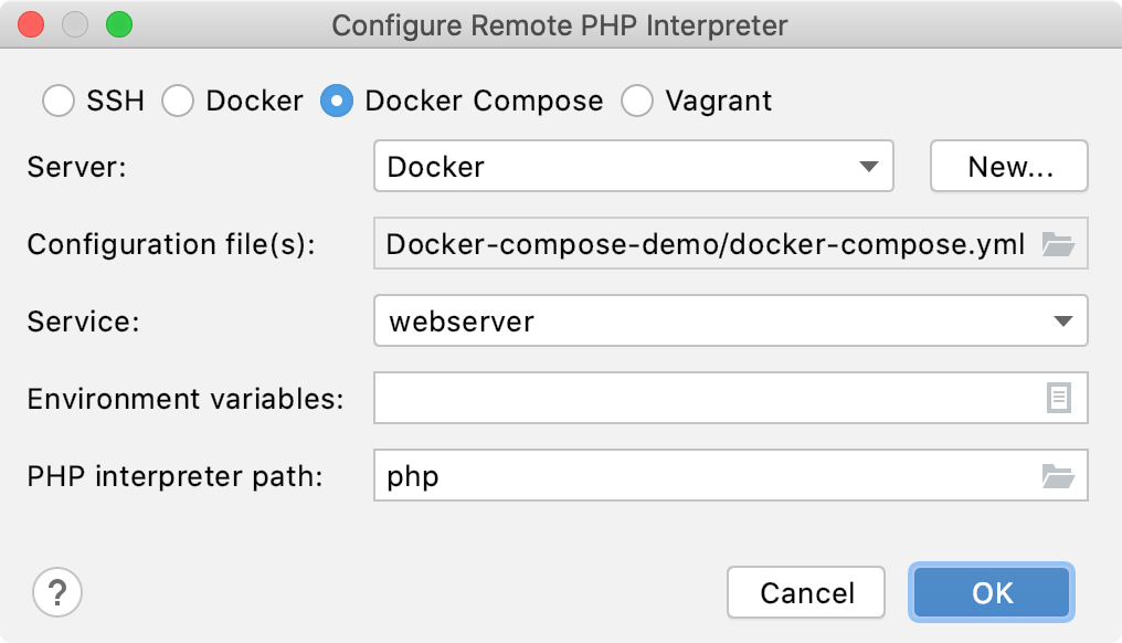 Remote interpreter via Docker Compose dialog Remote interpreter via Docker Compose dialog