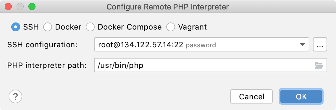 Remote interpreter via SSH dialog Remote interpreter via SSH dialog
