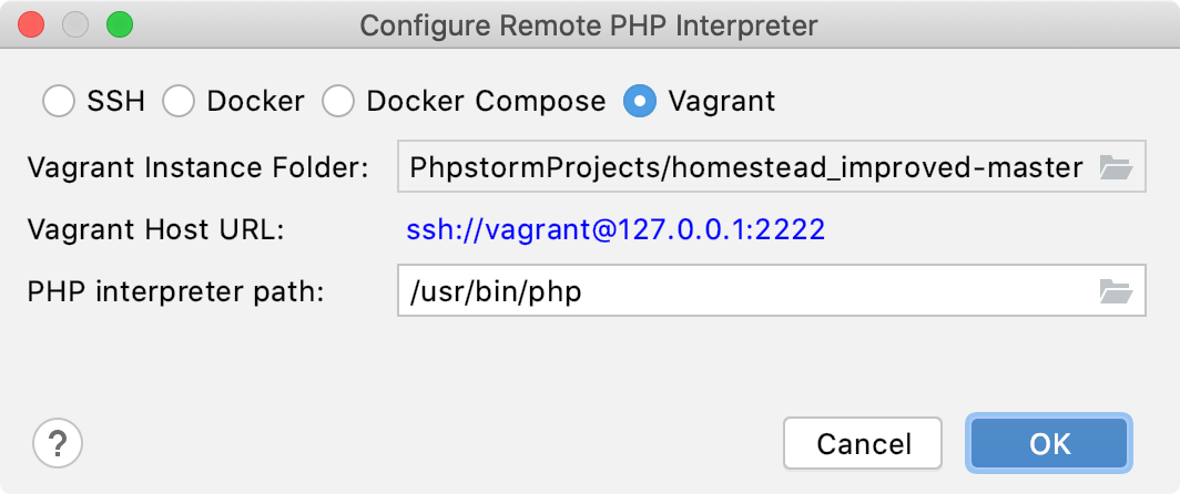 Remote interpreter via Vagrant dialog Remote interpreter via Vagrant dialog