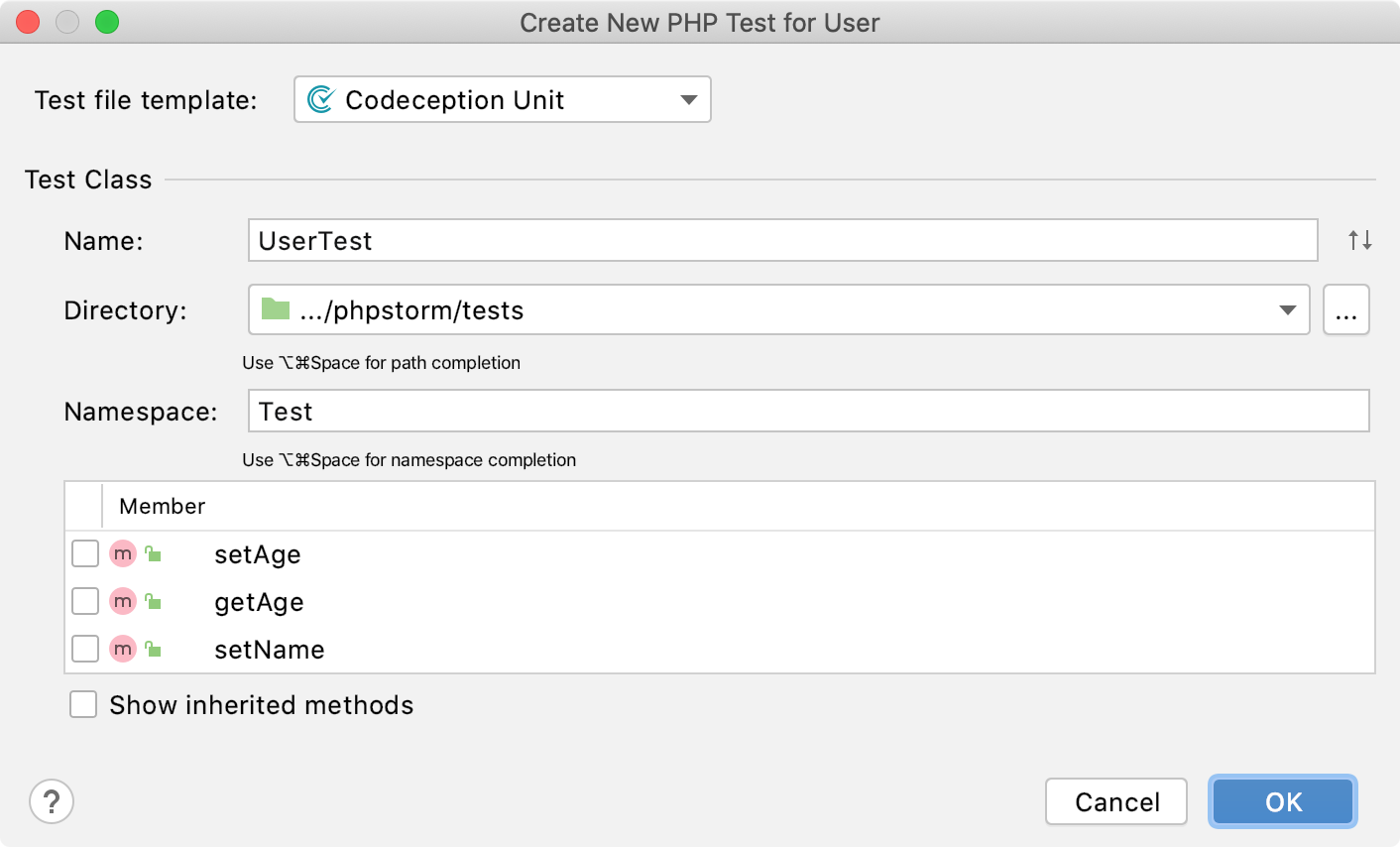 the Create new codeception test dialog the Create new codeception test dialog