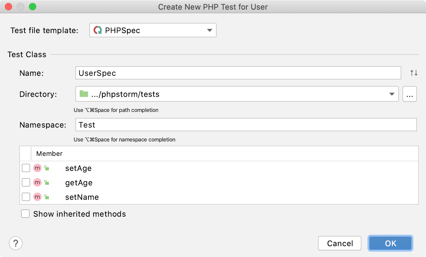 the Create new phpspec test dialog the Create new phpspec test dialog