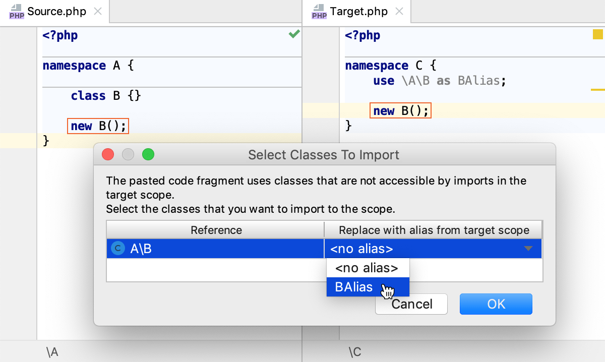 the Select Classes To Import dialog: reuse existing alias the Select Classes To Import dialog: reuse existing alias