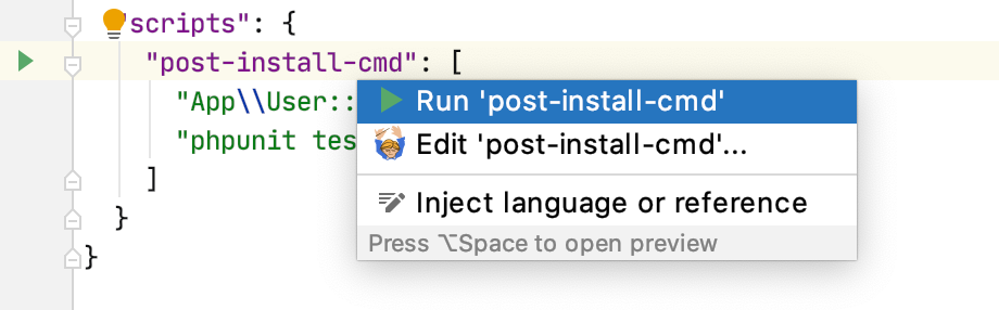 the Run Composer Script intention action the Run Composer Script intention action
