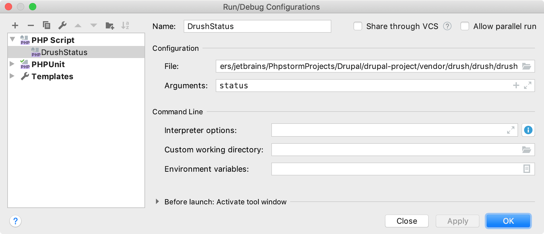 Run/Debug Configurations dialog for Drupal CLI command Run/Debug Configurations dialog for Drupal CLI command