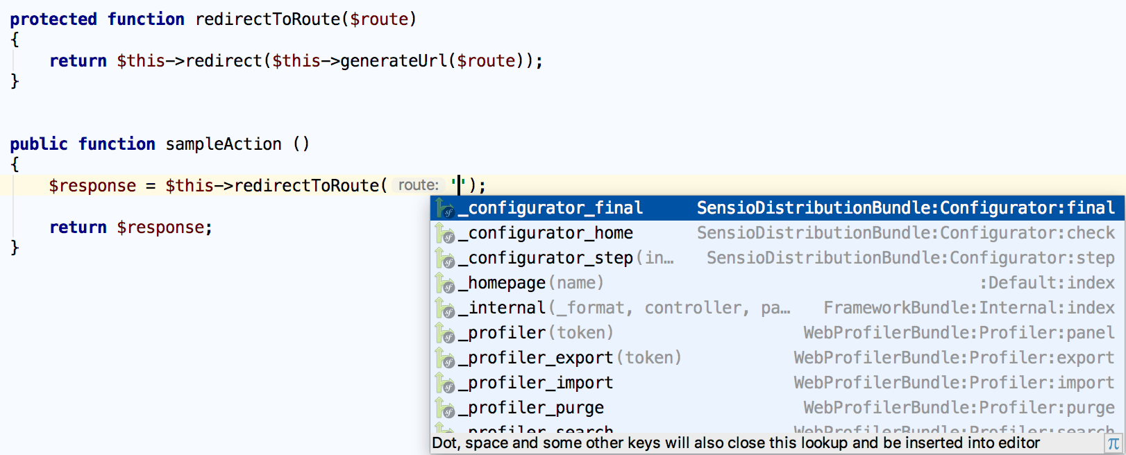 Symfony route name completion in a helper function Symfony route name completion in a helper function