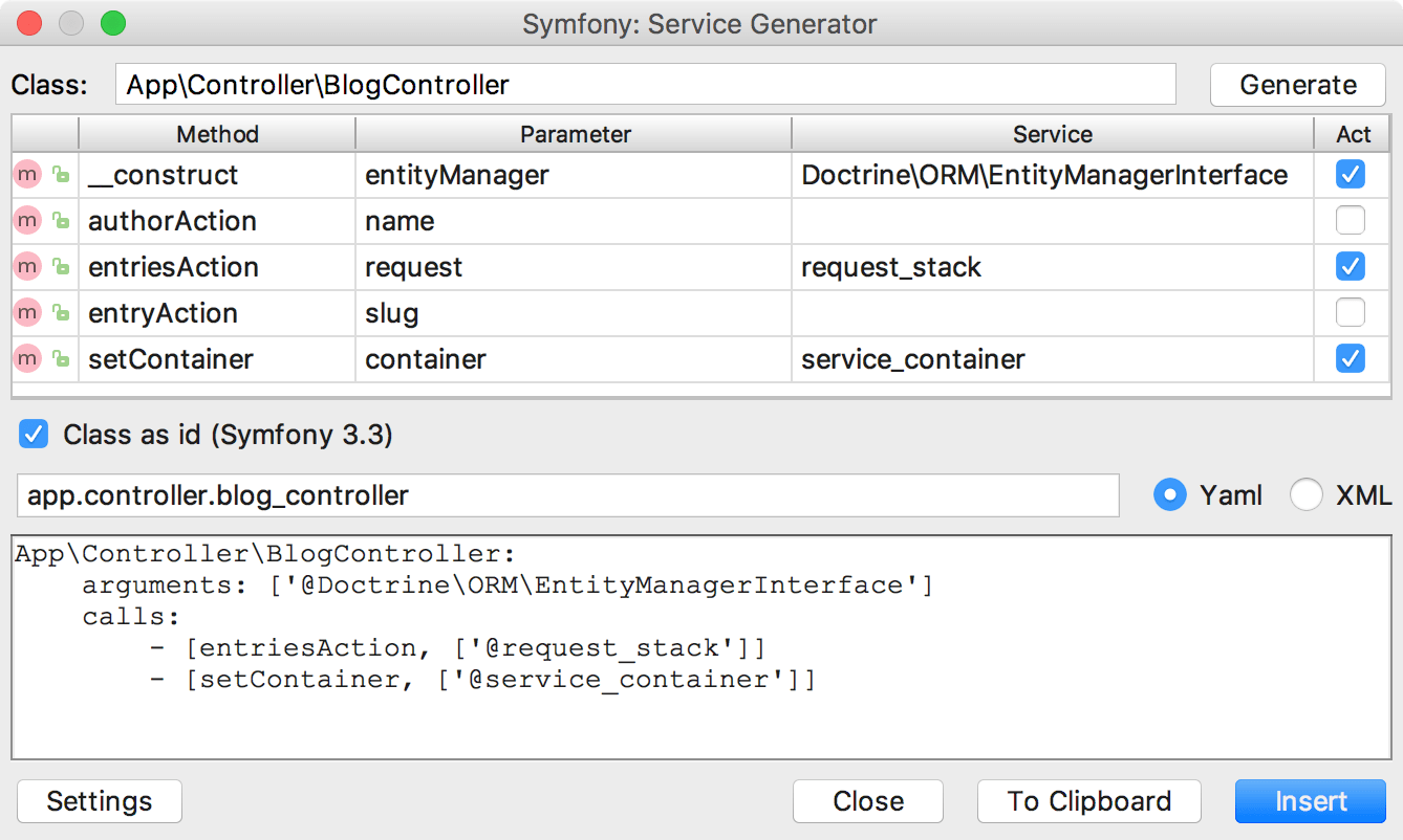 the Symfony Service Generator dialog the Symfony Service Generator dialog