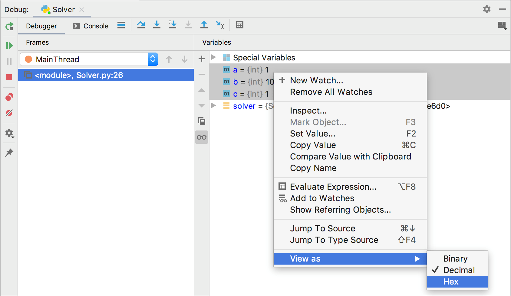 Content menu to preview decimal values in the hexadecimal format Content menu to preview decimal values in the hexadecimal format