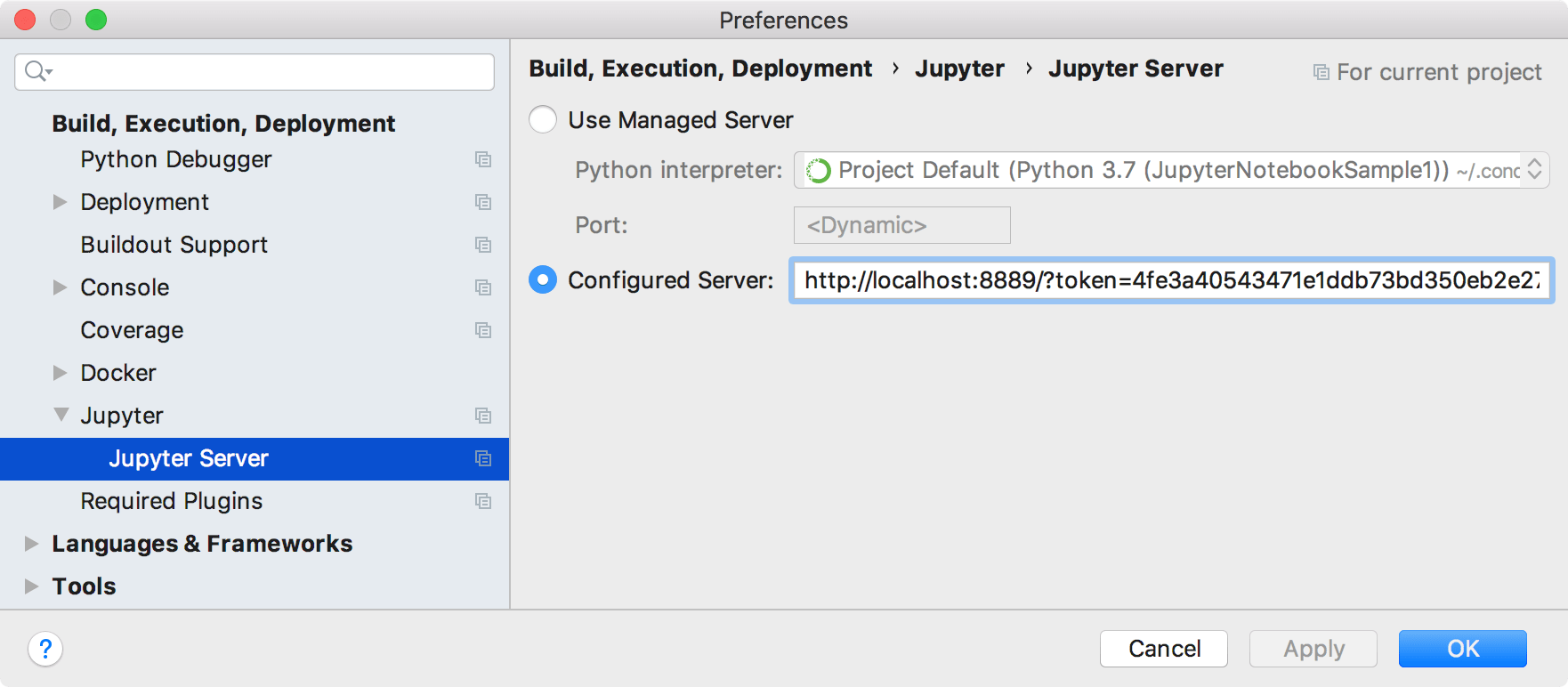 Configure a Jupyter server. Settings dialog Configure a Jupyter server. Settings dialog
