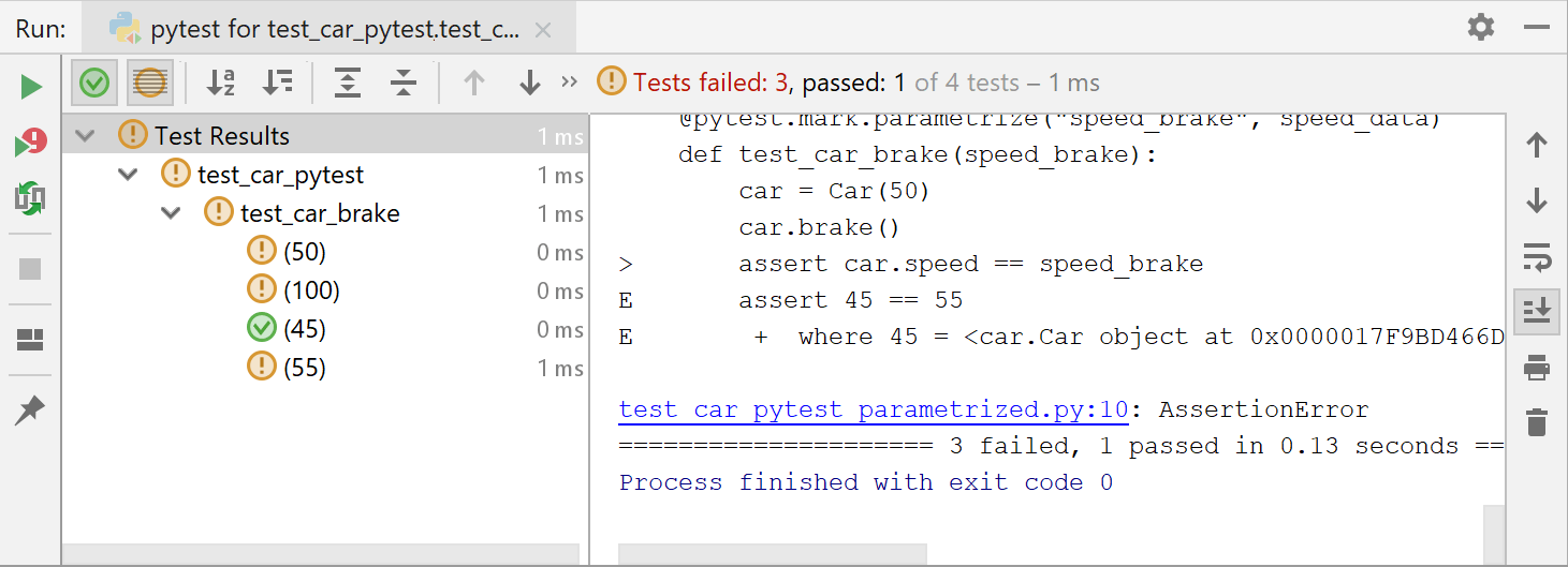 Three tests failed and one test passed for the car.brake function Three tests failed and one test passed for the car.brake function