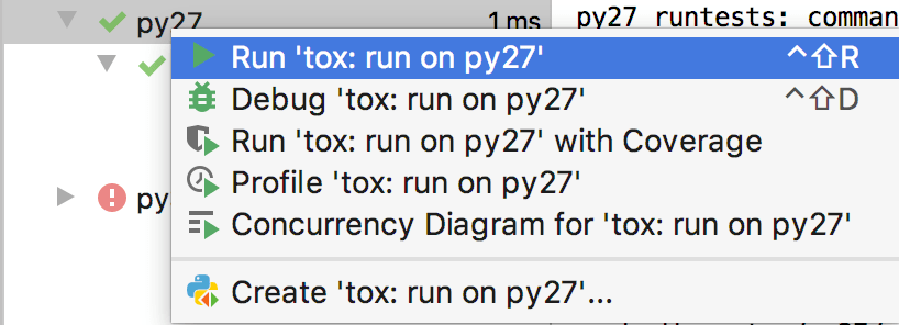 Context menu to run a tox test Context menu to run a tox test