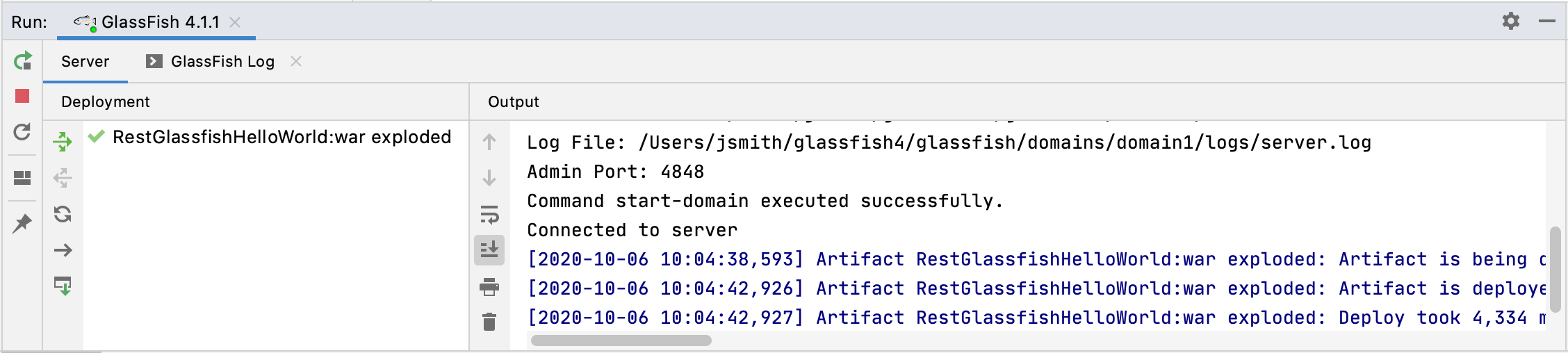 Started GlassFish server and deployed application in the Run tool window Started GlassFish server and deployed application in the Run tool window