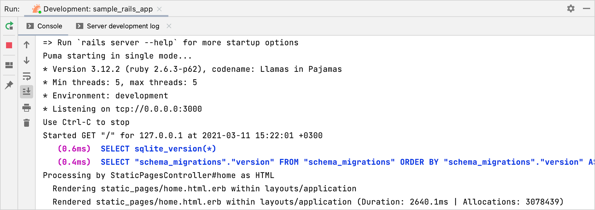Run tool window / run Rails application Run tool window / run Rails application