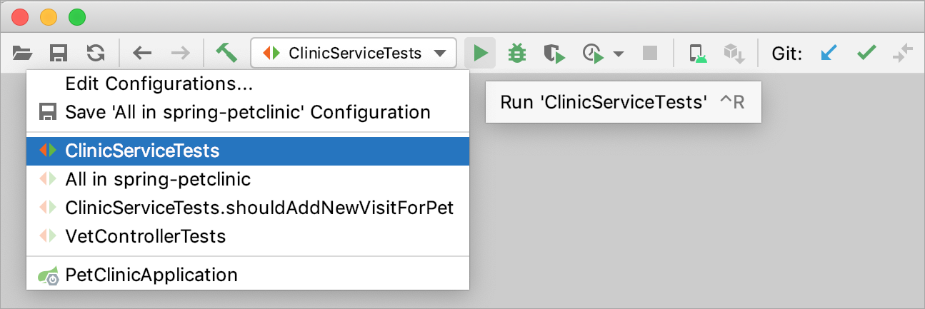 Running a run/debug configuration for tests Running a run/debug configuration for tests