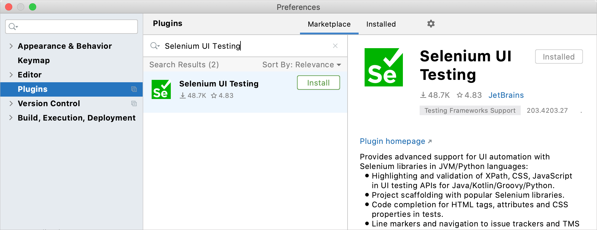 Installing the Selenium UI Testing plugin plugin Installing the Selenium UI Testing plugin plugin