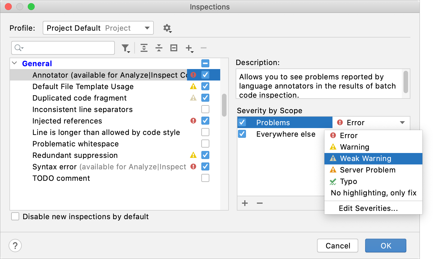 Changing inspection severity by scope Changing inspection severity by scope