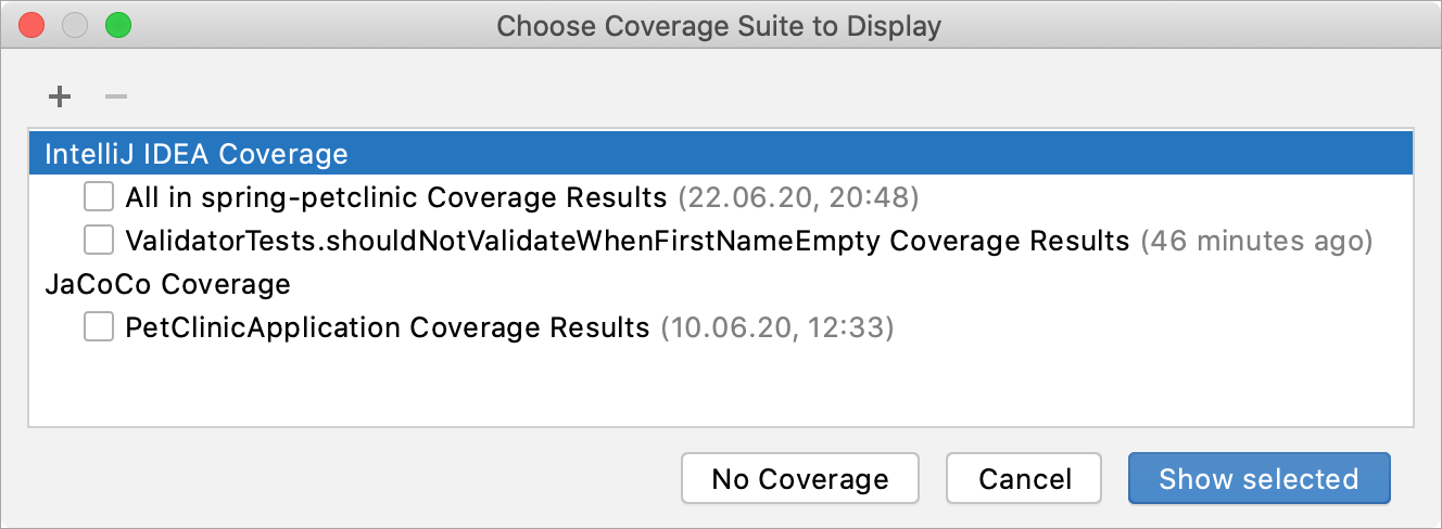 Choose Coverage Suite to Display dialog Choose Coverage Suite to Display dialog