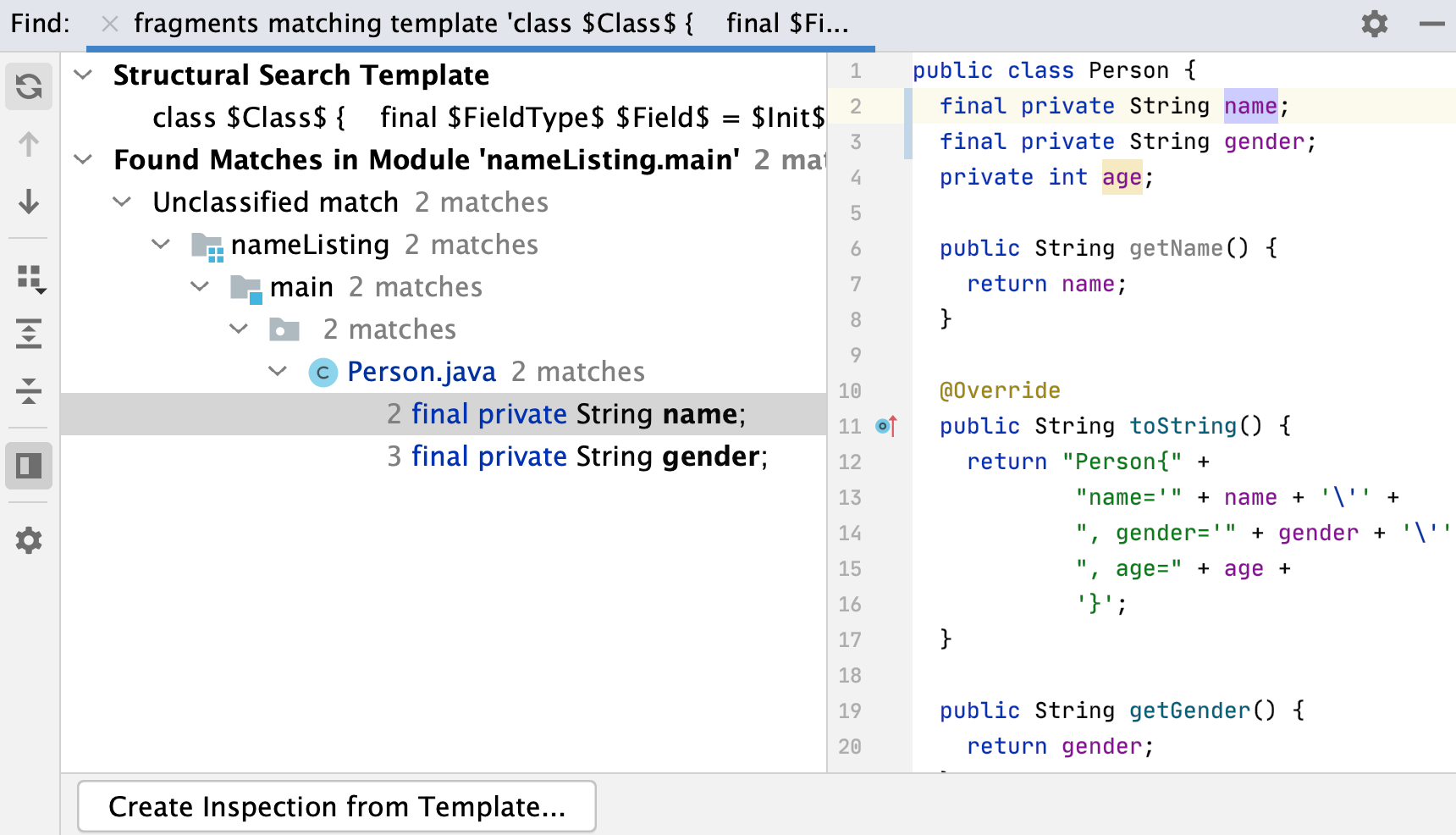 Find tool window: final field search result Find tool window: final field search result