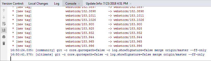 the Console tab of the Verison Control tool window the Console tab of the Verison Control tool window