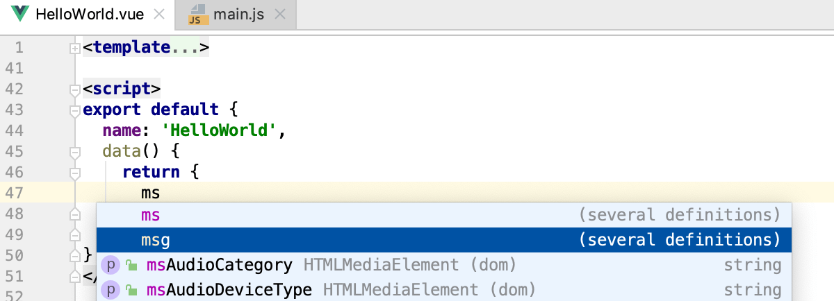 Vue.js: completion for ES6 inside <script> tag Vue.js: completion for ES6 inside <script> tag