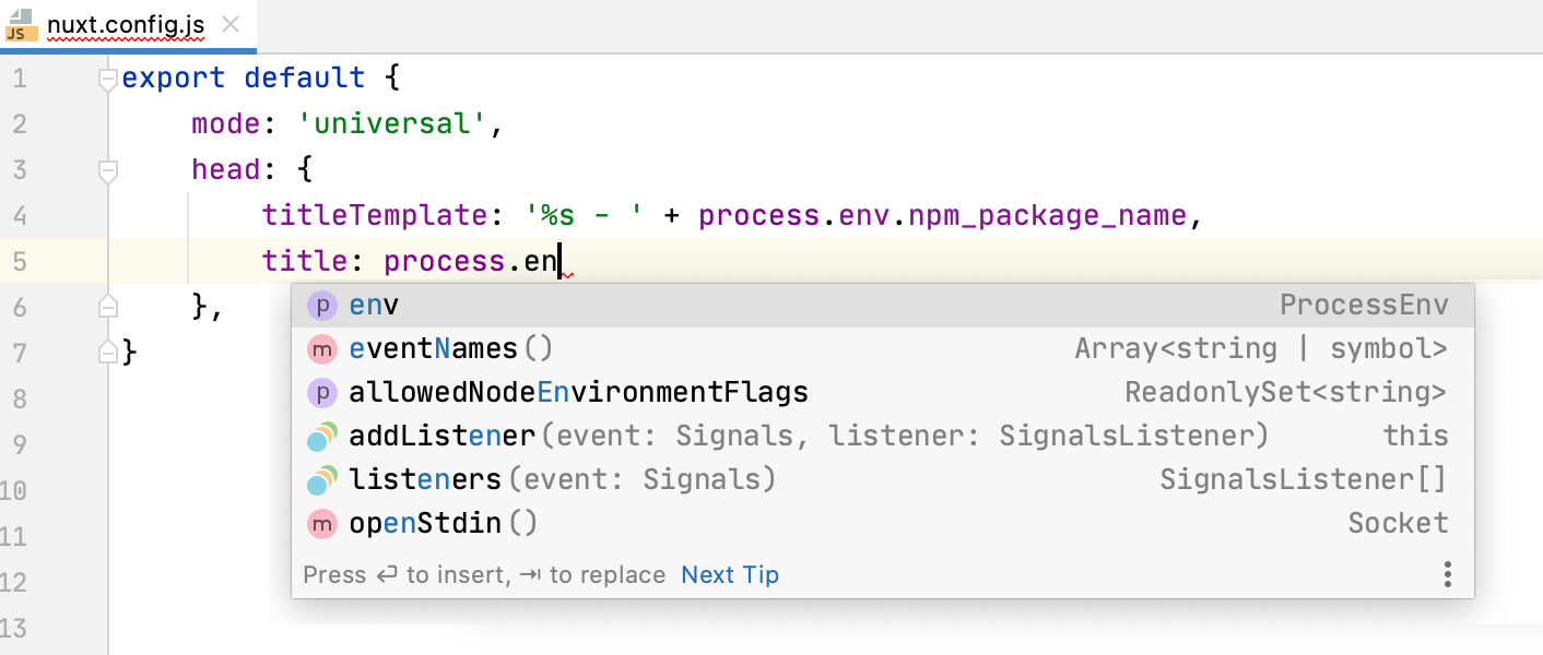 Code completion in nuxt.config.js Code completion in nuxt.config.js