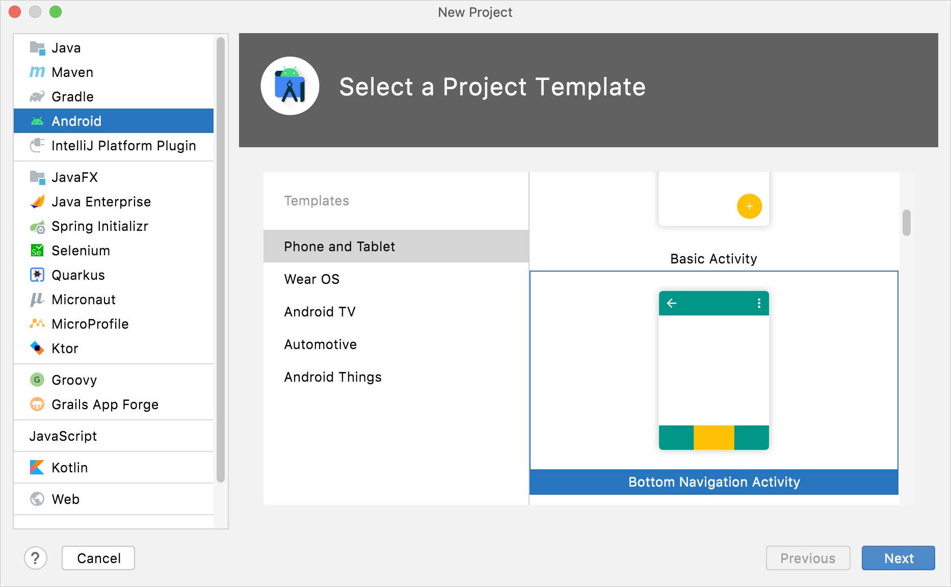 Creating a new Android project