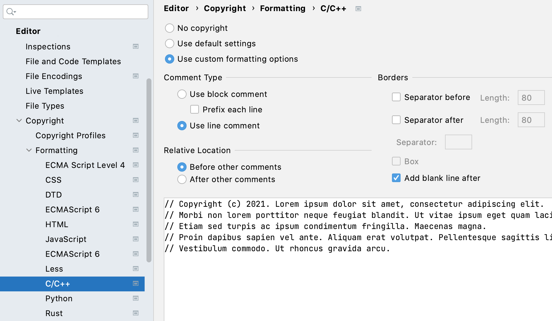 Copyright formatting settings for C/C++ Copyright formatting settings for C/C++
