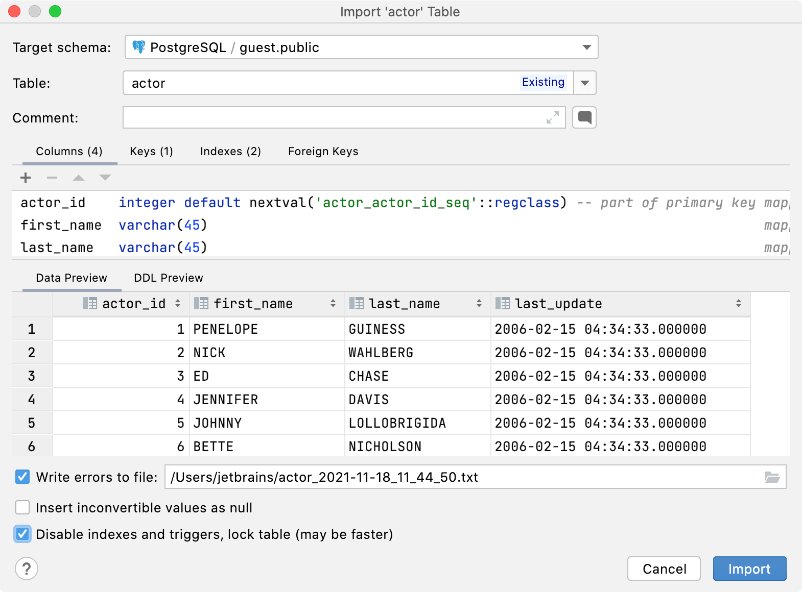 Import a table to a different schema, database, or an existing table Import a table to a different schema, database, or an existing table