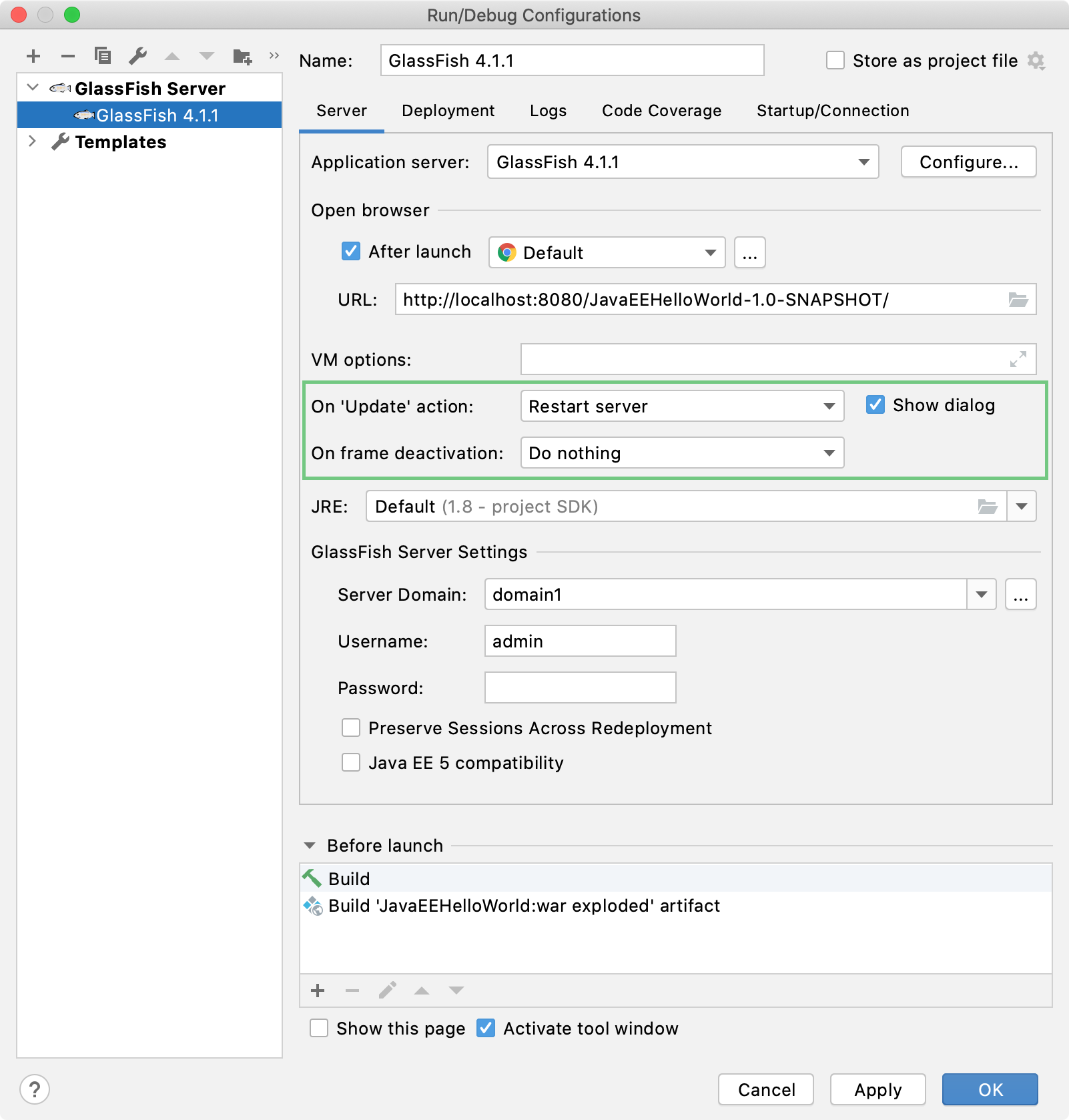 Configure application update actions in the GlassFish run configuration