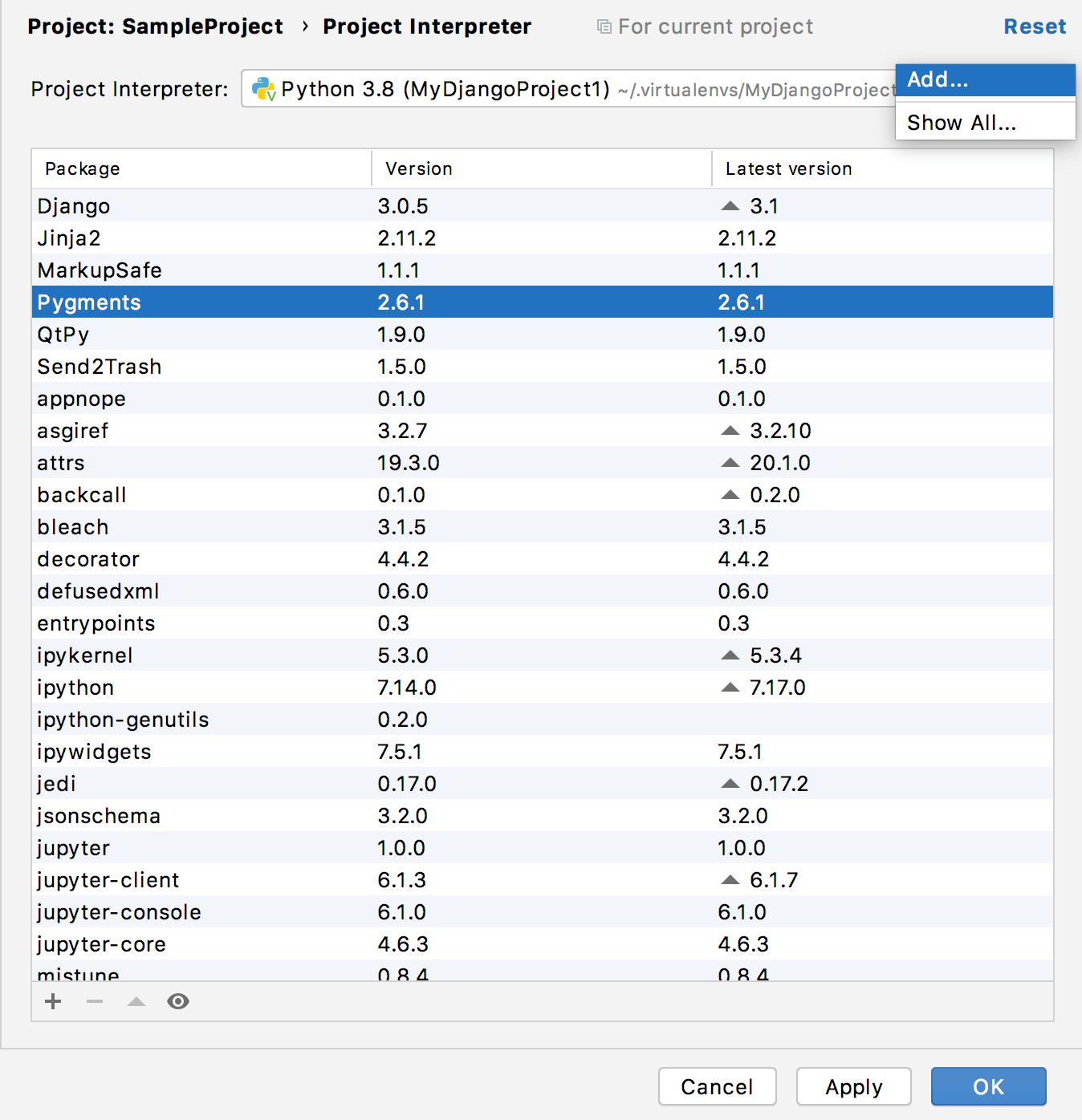 Selecting the Add command to create a new Python interpreter Selecting the Add command to create a new Python interpreter