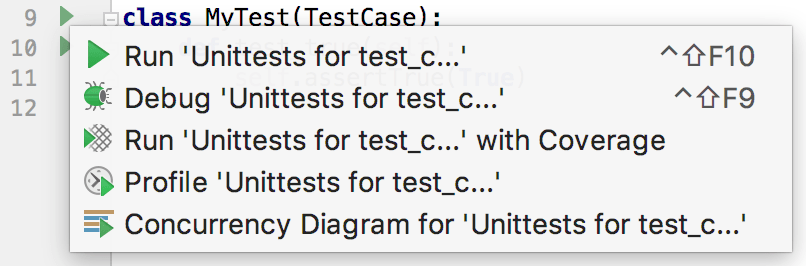 Running a test from the context menu Running a test from the context menu