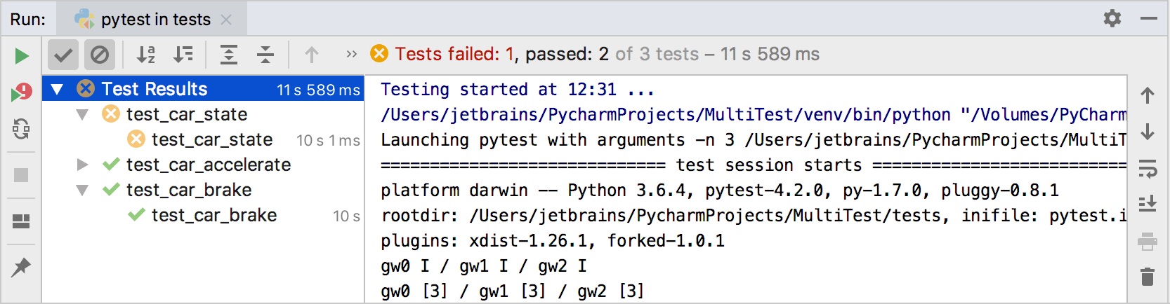 Test runner in the Run tool window Test runner in the Run tool window