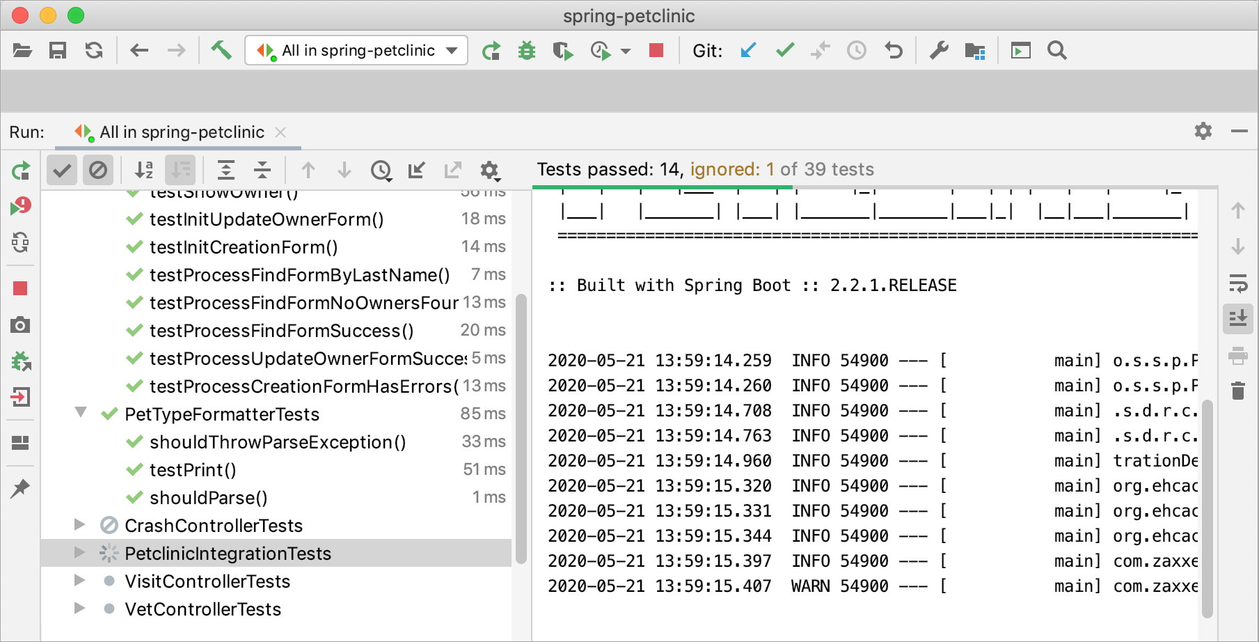 Test results shown on the Test Runner tab of the Run tool window Test results shown on the Test Runner tab of the Run tool window