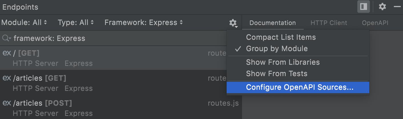 Options of the Endpoints tool window Options of the Endpoints tool window