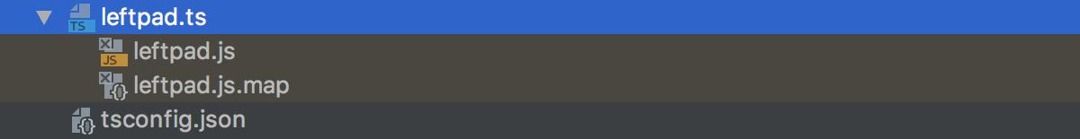 A typescript file leftpad.ts with a compiled JavaScript file leftpad.js
and a generated source map file leftpad.js.map shown as a nest A typescript file leftpad.ts with a compiled JavaScript file leftpad.js
and a generated source map file leftpad.js.map shown as a nest