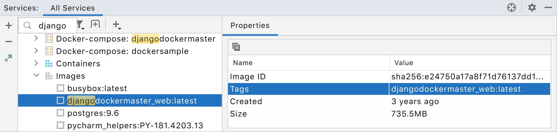 Search for a docker image in the Services tool window Search for a docker image in the Services tool window