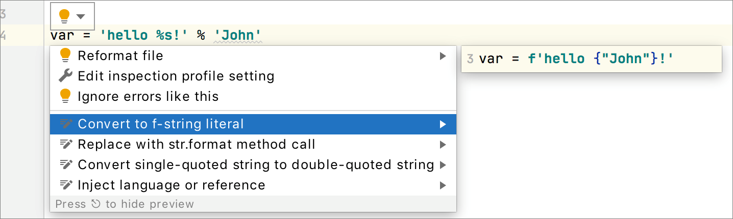 Intention action preview Intention action preview
