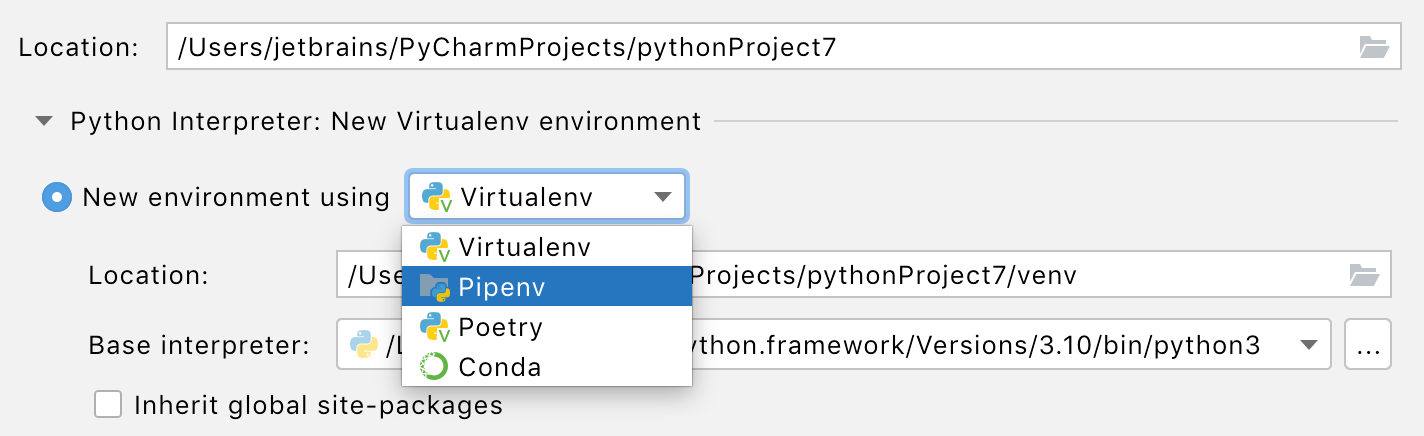 Select Pipenv when creating a new Python project Select Pipenv when creating a new Python project