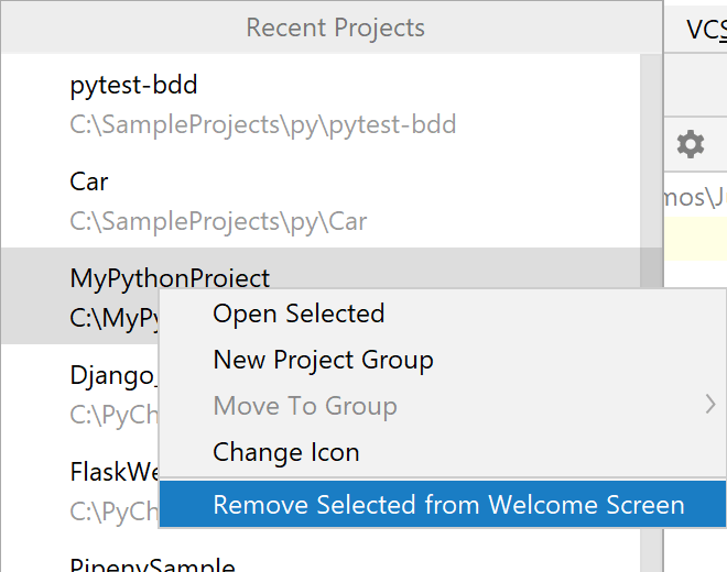 Remove a project from the list of the recent projects on the Welcome Screen Remove a project from the list of the recent projects on the Welcome Screen