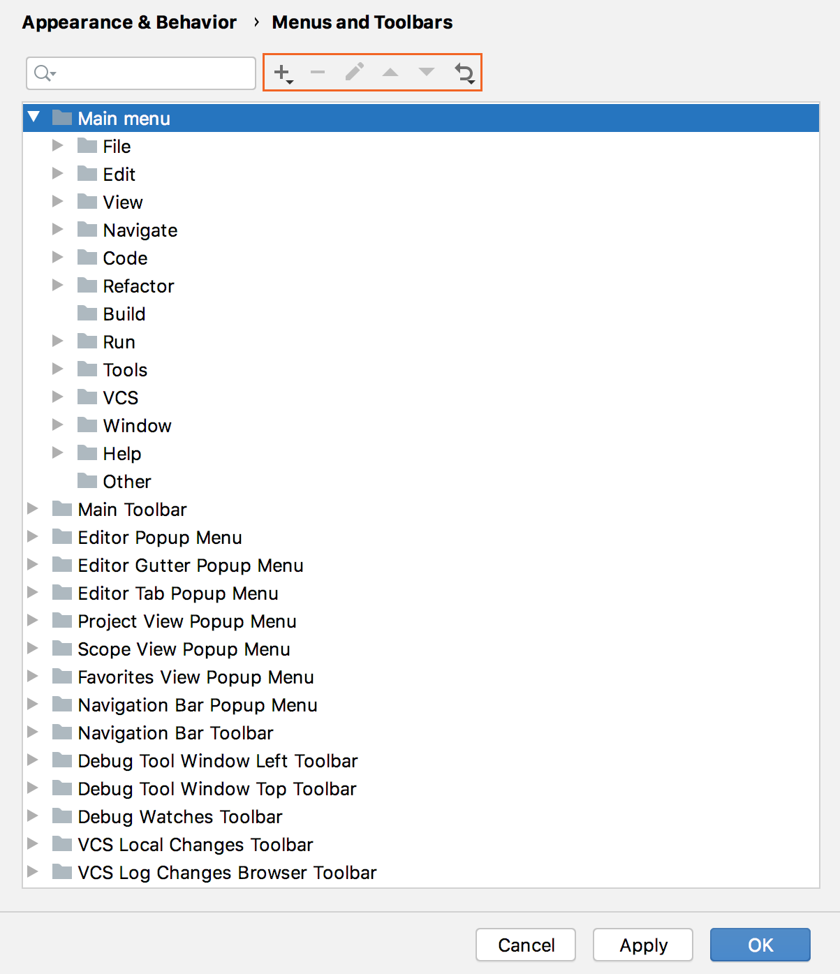 the Menus and Toolbars settings the Menus and Toolbars settings
