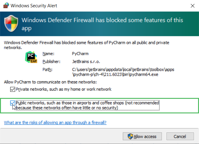 Allow public networks Allow public networks