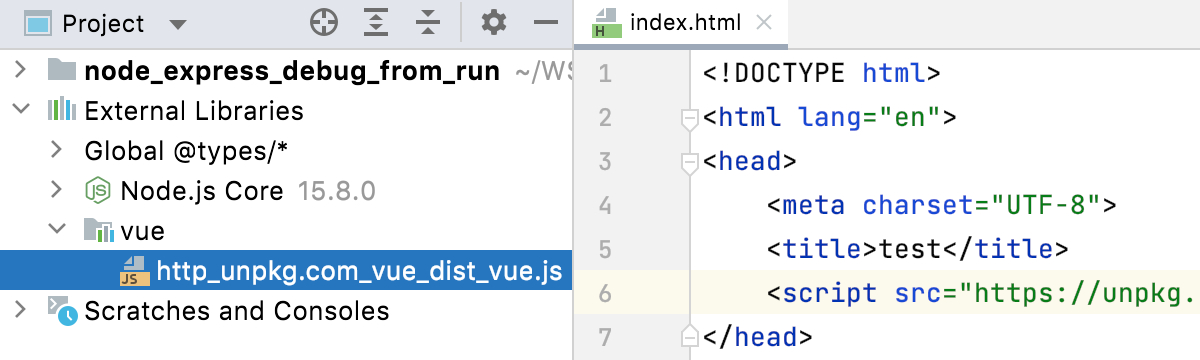 Downloaded CDN library is shown under the External Libraries node Downloaded CDN library is shown under the External Libraries node