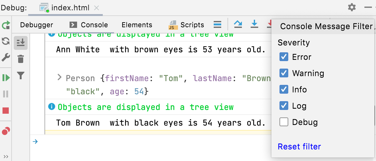 Node.js interactive debugger console: filtering out messages by type Node.js interactive debugger console: filtering out messages by type