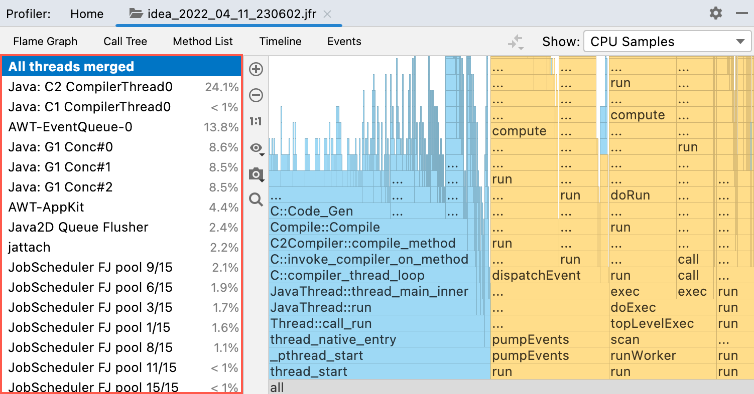 The Threads panel in the Profiler tool window The Threads panel in the Profiler tool window