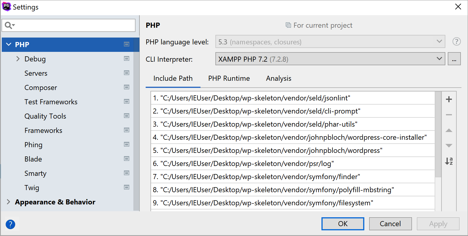 XAMPP interpreter selected XAMPP interpreter selected