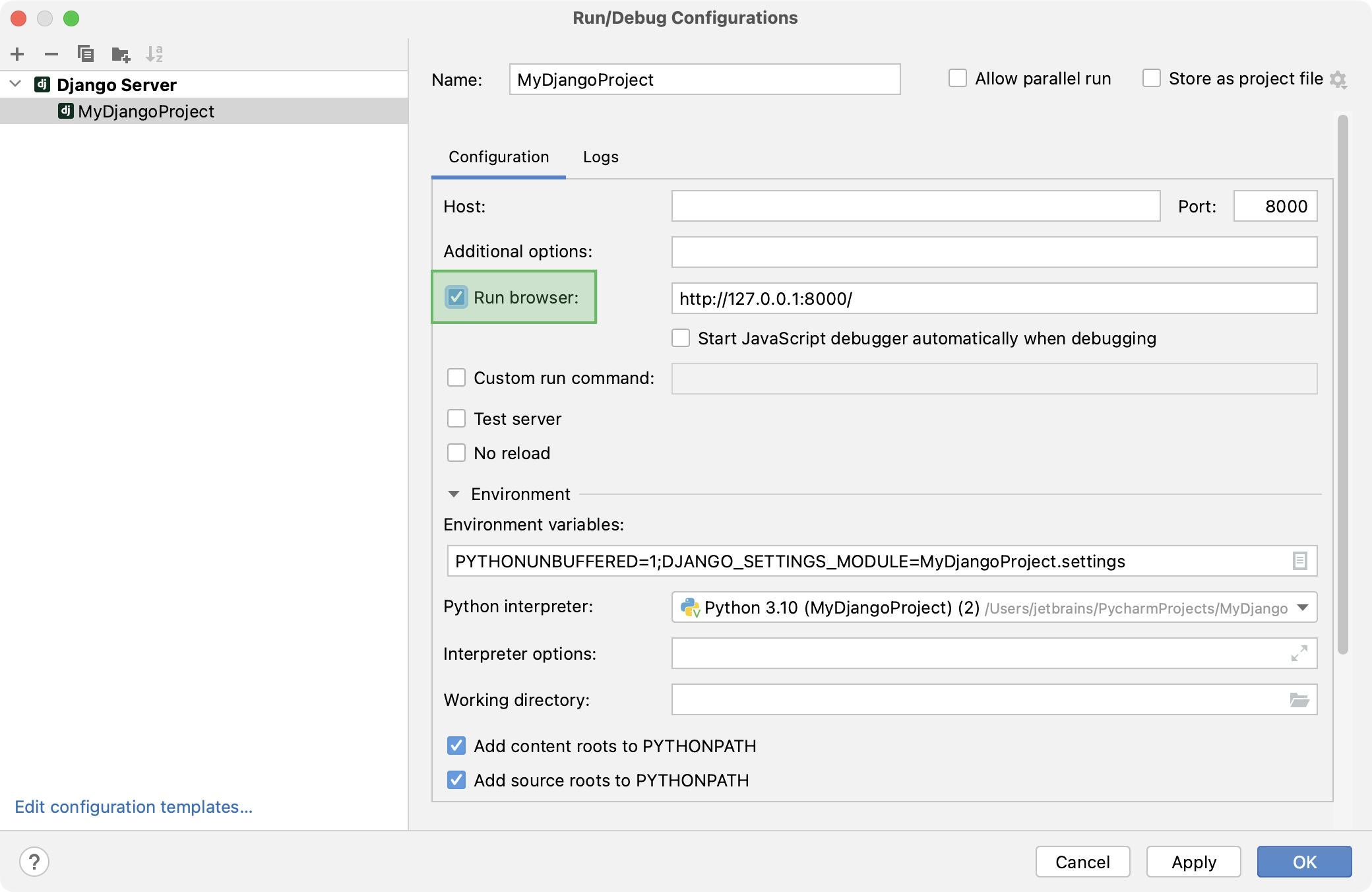 Run/Debug configuration for a Django server