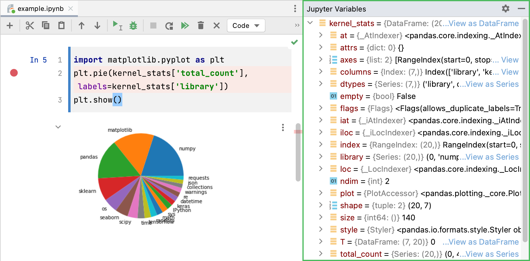 Jupyter server tool window: the Variables tab Jupyter server tool window: the Variables tab