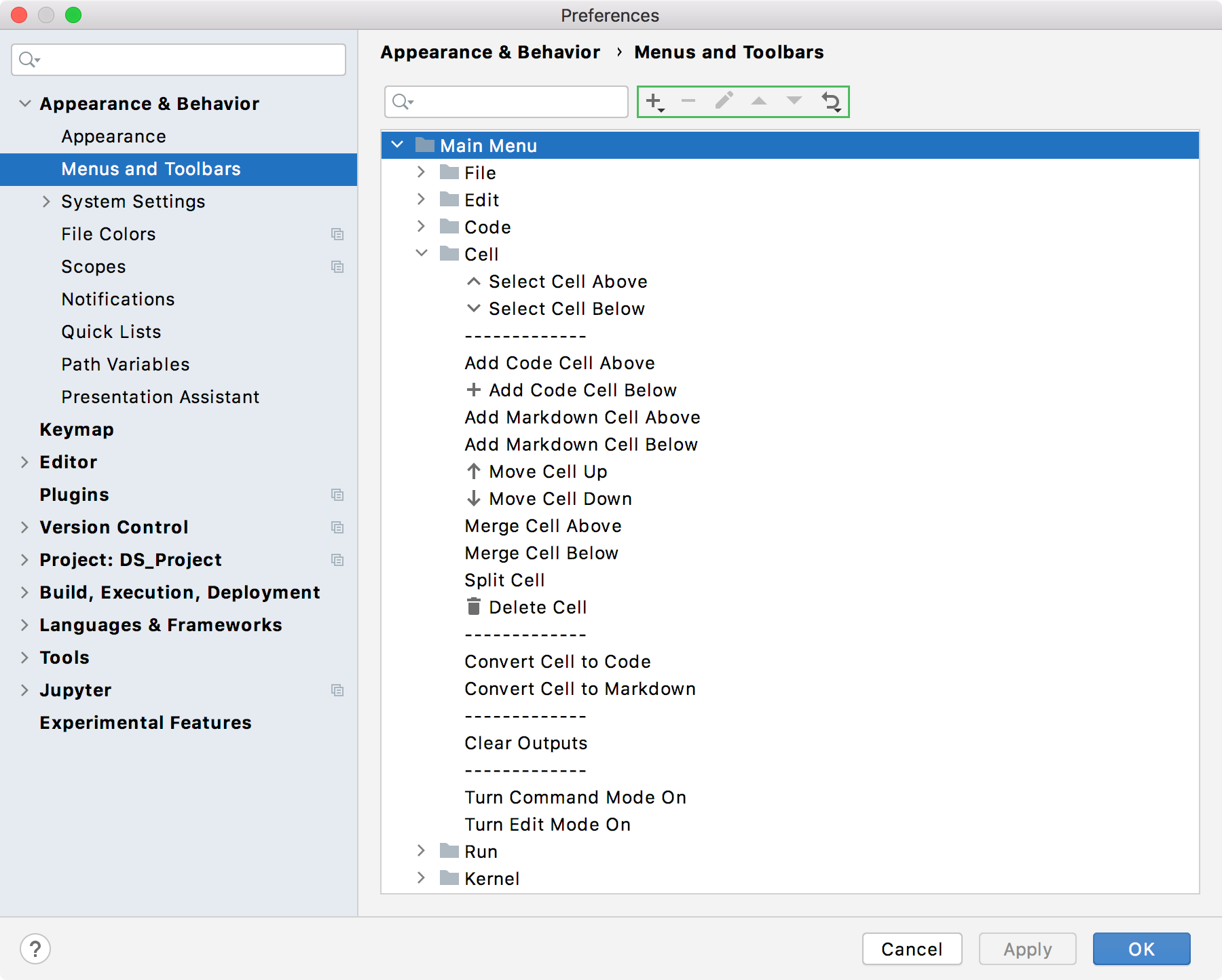The Menus and Toolbars settings The Menus and Toolbars settings
