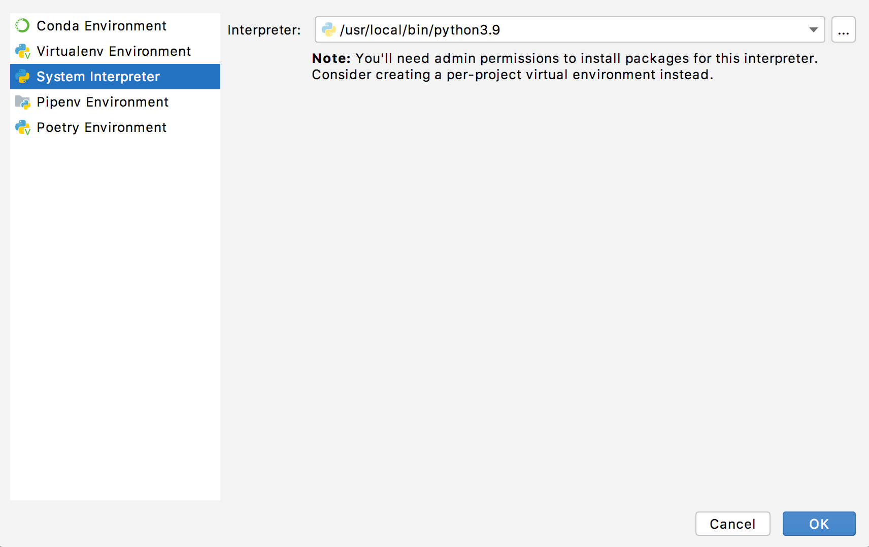 Adding a system interpreter
