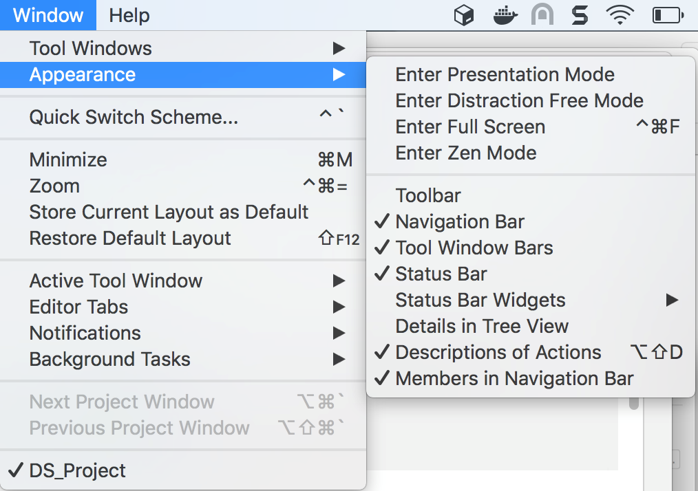 The Window | Appearance menu The Window | Appearance menu